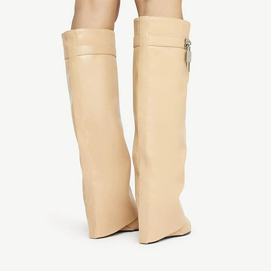 Fold Over Knee High Covered Wedge Heel  Party Boots