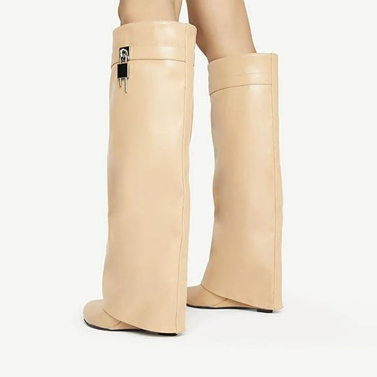 Fold Over Knee High Covered Wedge Heel  Party Boots