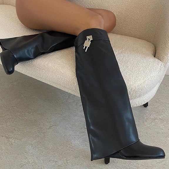 Fold Over Knee High Covered Wedge Heel  Party Boots