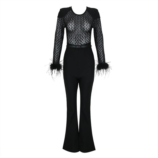 Lenira - Fur Sleeves Lace Slim Fit Jumpsuit