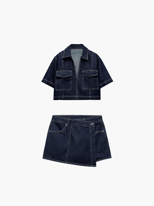 Zephara - Denim Cropped-Top & Skirt Two-Piece Set