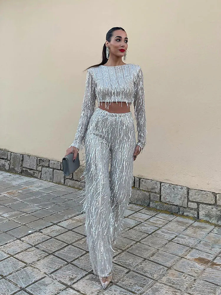 Solyra - Sequins Tassel Crop Top Two-Piece Set