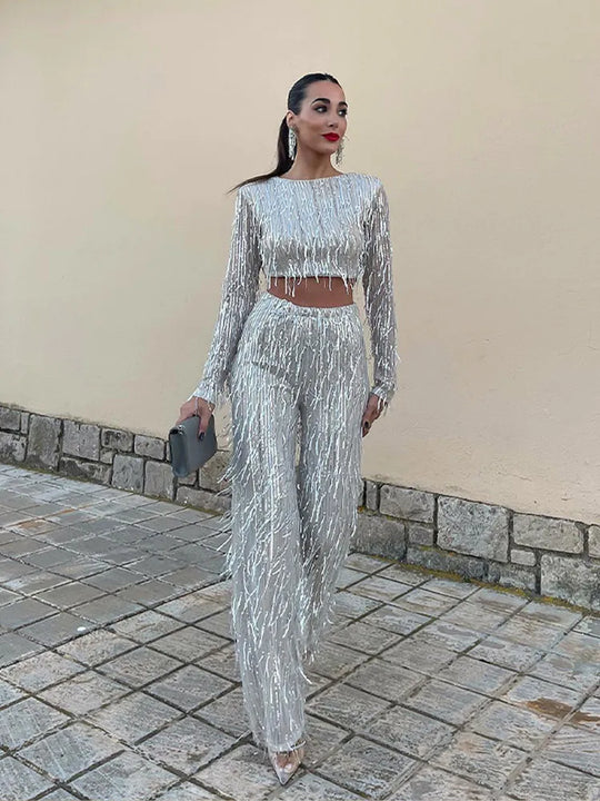 Solyra - Sequins Tassel Crop Top Two-Piece Set