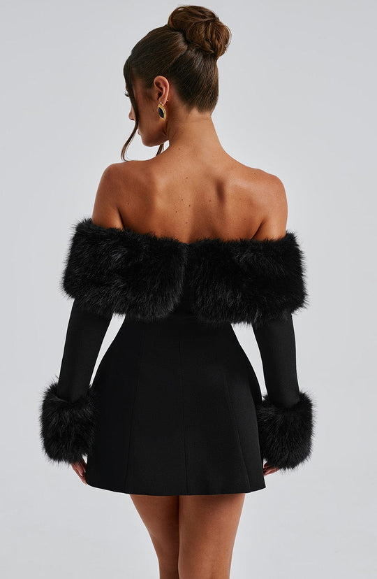 Venyra - Off-Shoulder Fur Sleeve Mini Dress